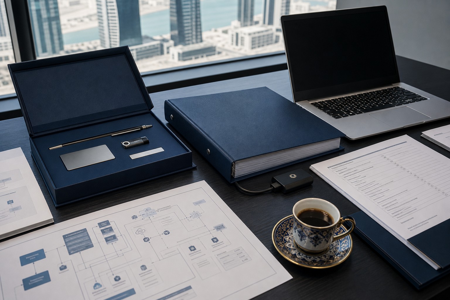 Technical handover desk with platform runbooks, plans, and secure release material
