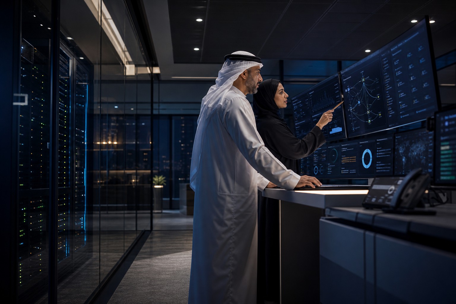 Enterprise operations team monitoring private infrastructure and service dashboards