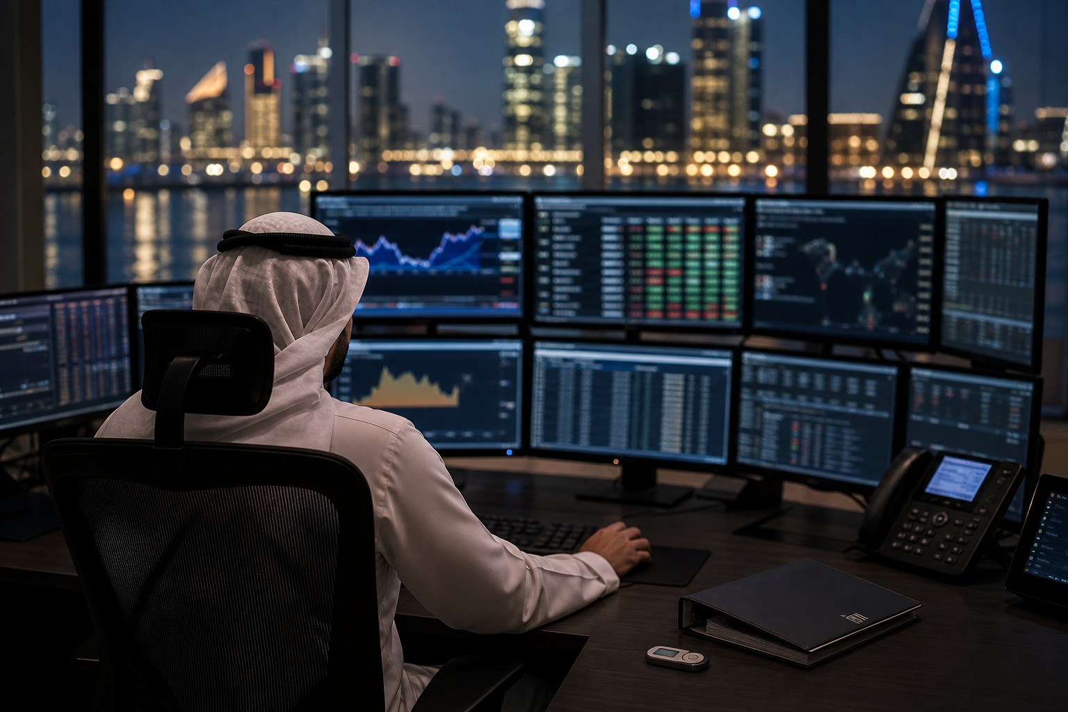 Financial infrastructure operations desk overlooking Bahrain's skyline