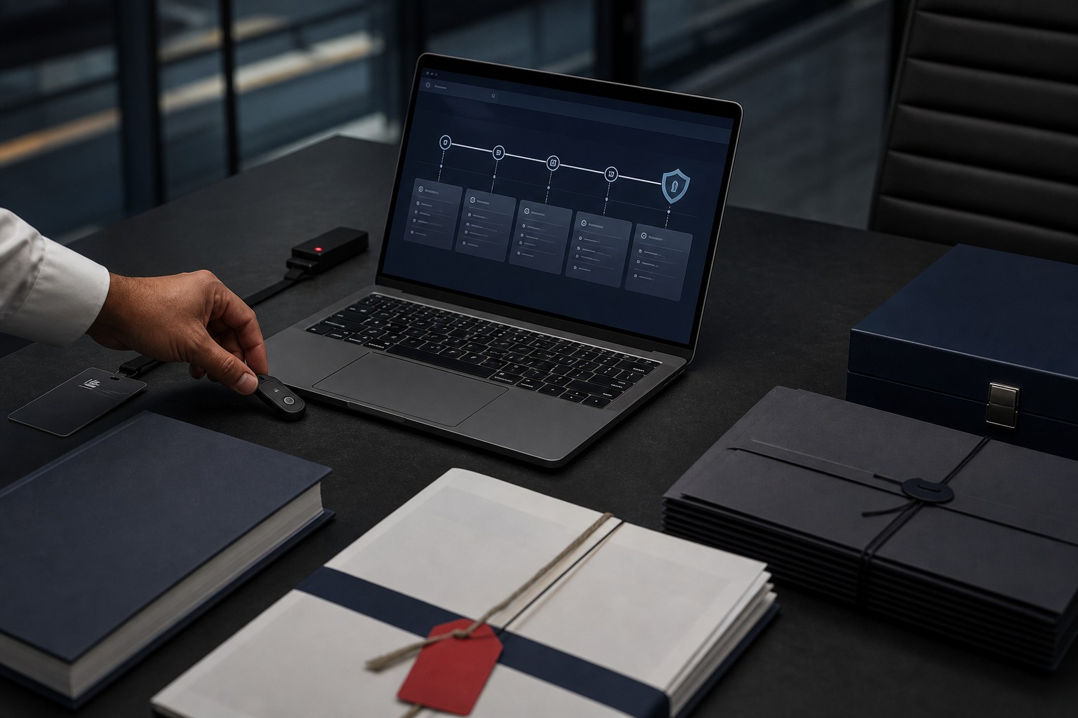Governance and compliance evidence desk with approvals and security material