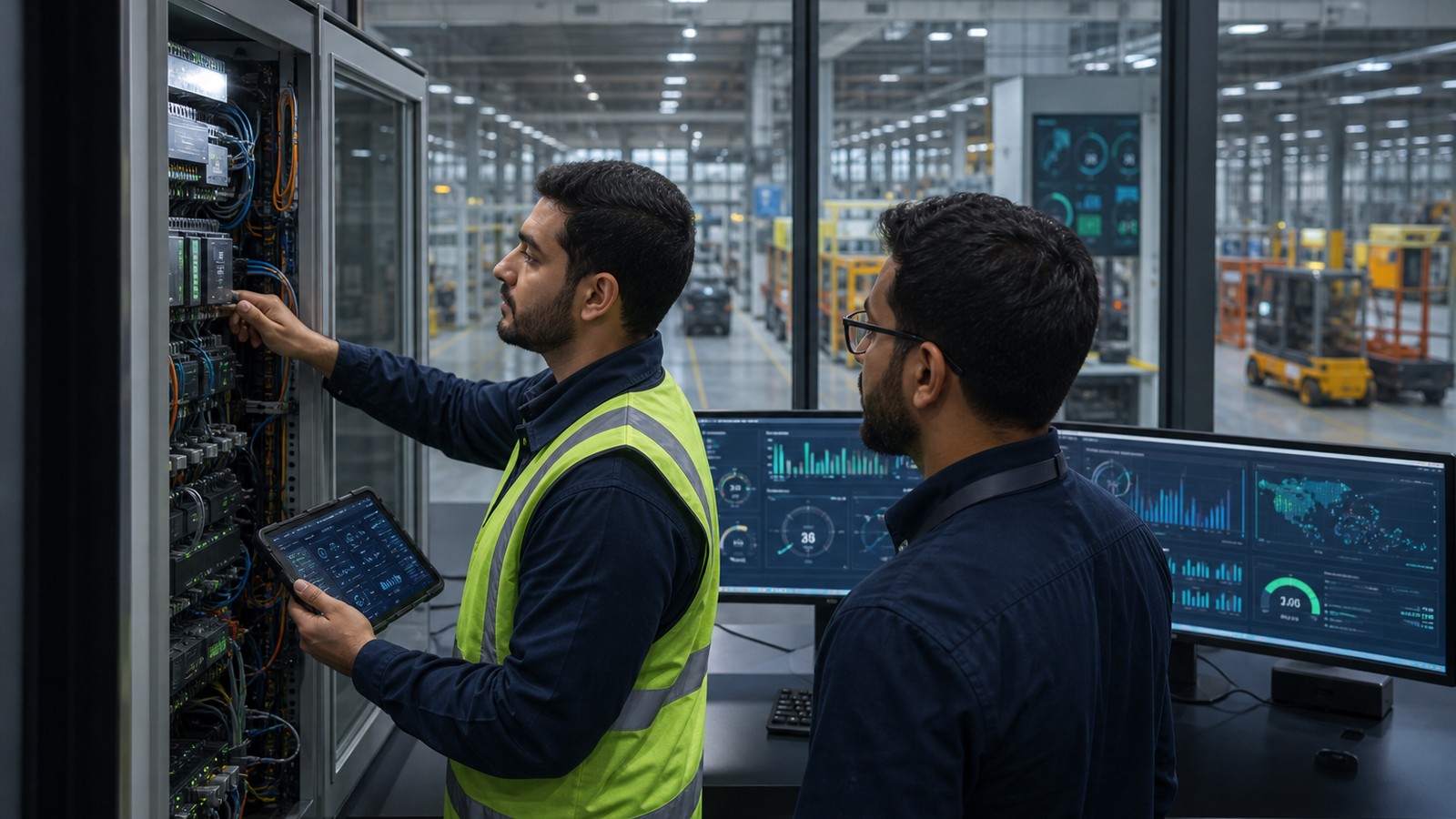 Industrial operations team monitoring technical systems and equipment