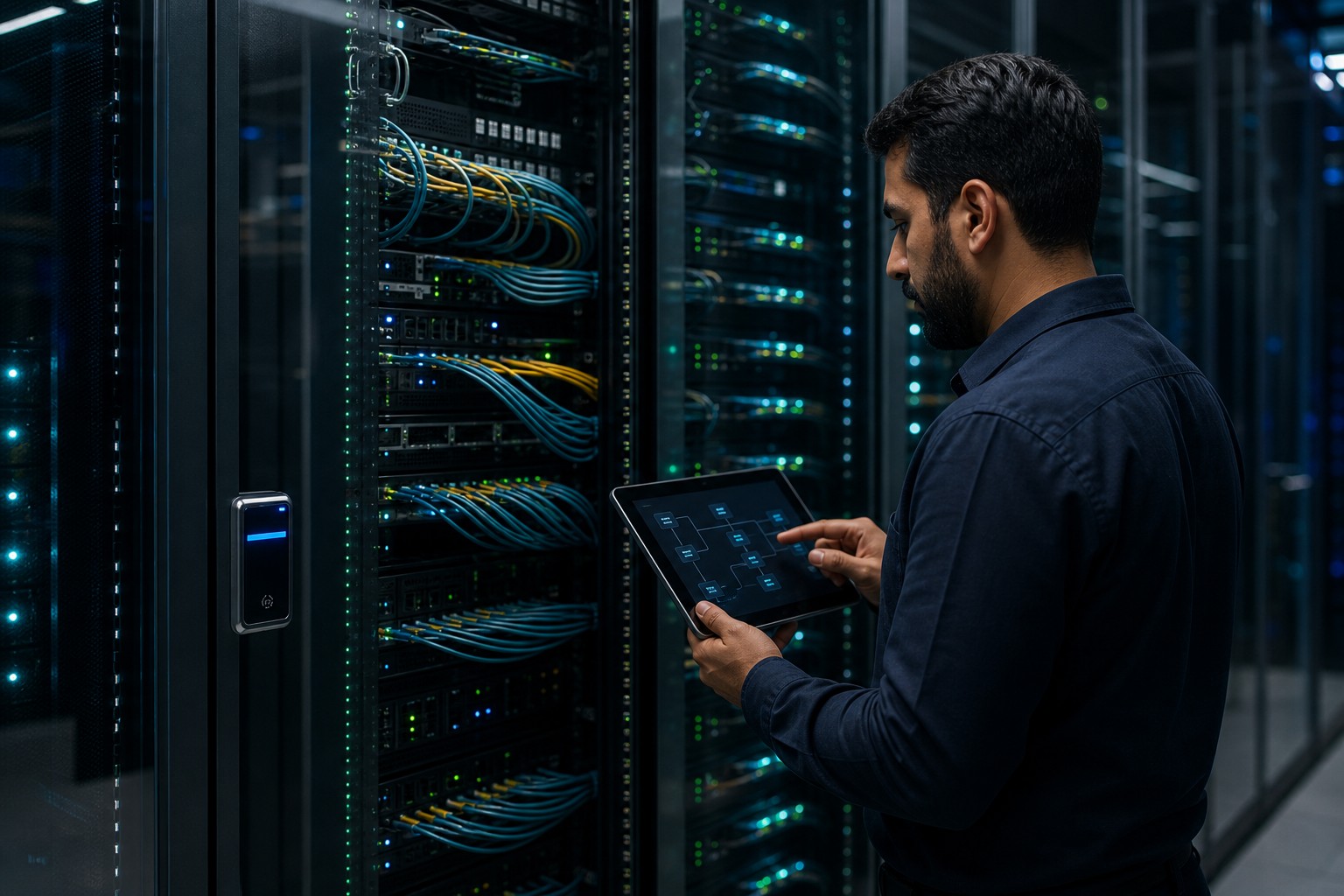 Engineer inspecting secure private cloud and Rust KVM infrastructure racks