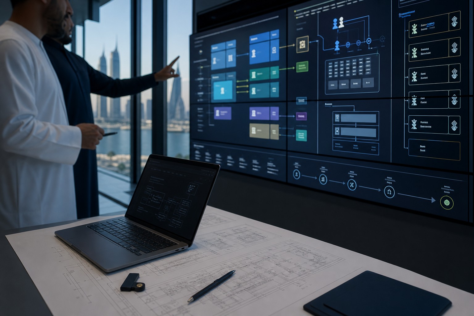 Platform architecture room with system maps, integrations, and release planning