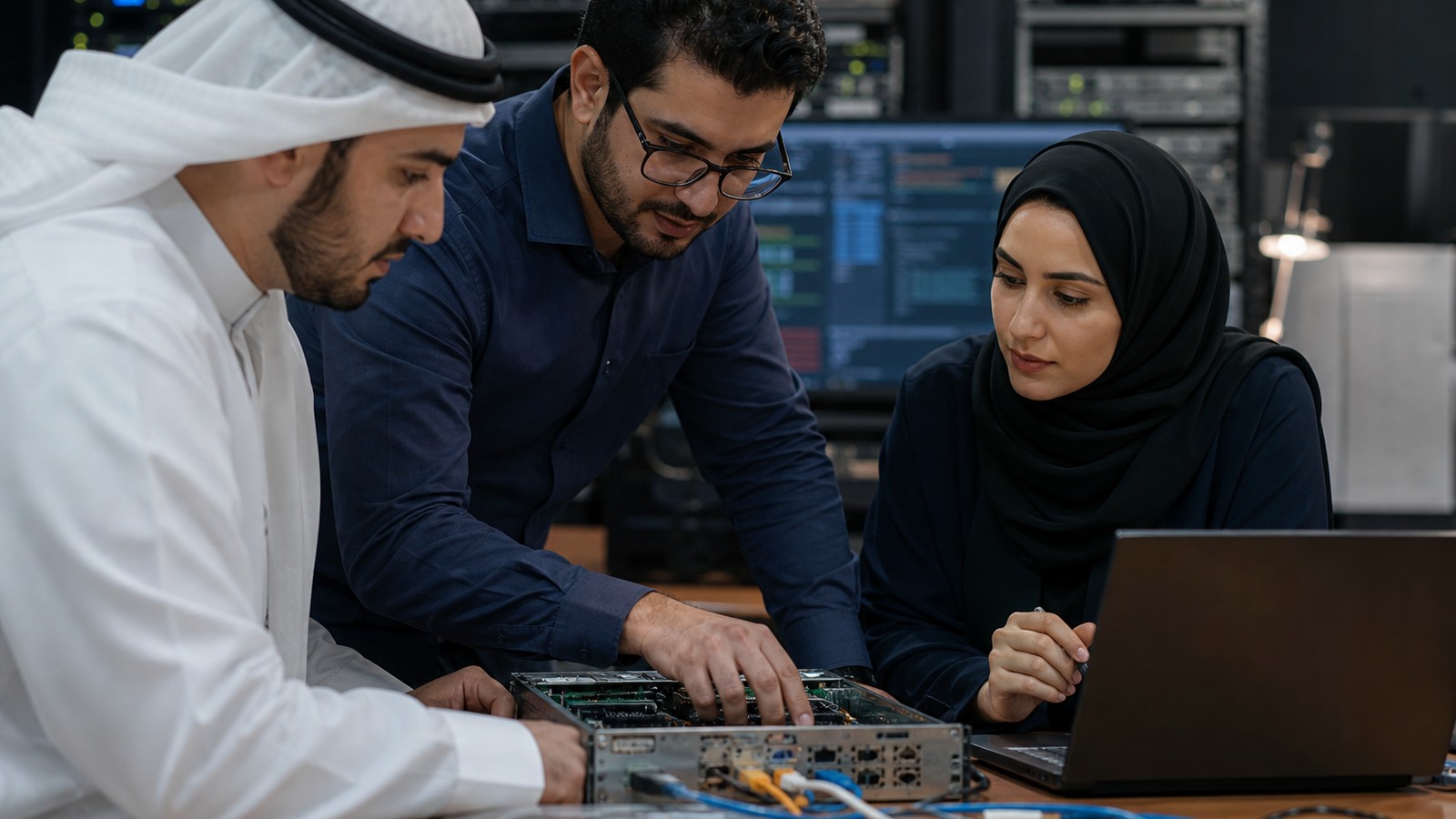 Bahraini professionals learning hands-on infrastructure operations in a lab